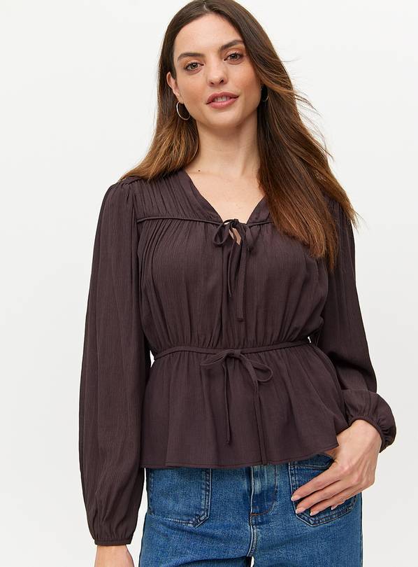 Dark Red Tie-Front Long Sleeve Blouse 26